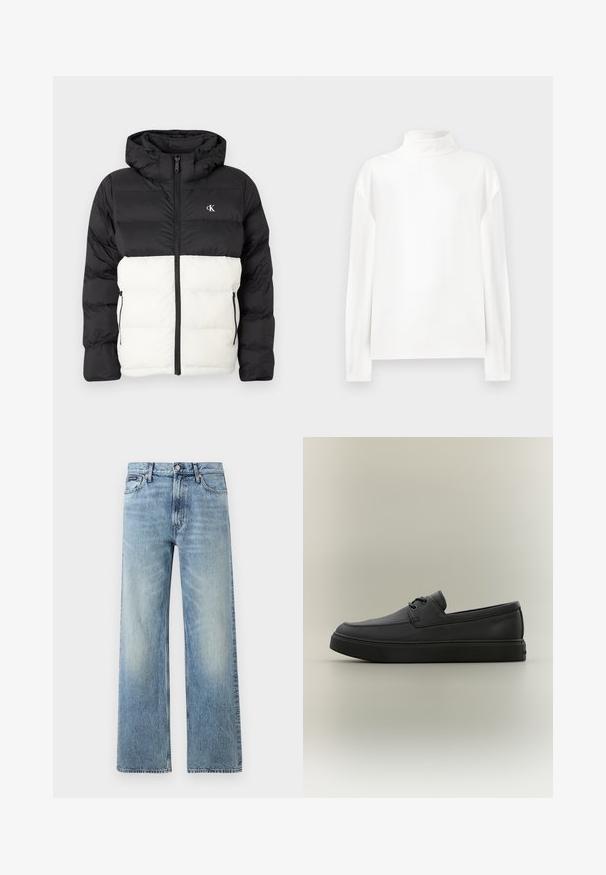 Veste matelassée noire et blanche avec capuche, dotée d'une fermeture éclair, de deux poches latérales zippées et d'un logo sur la poitrine. Design texturé et chaud.; Haut à manches longues blanc en col roulé avec une texture lisse, présentant un col haut et des coutures d'épaule tombantes pour un ajustement décontracté.; Jean droit en denim bleu clair avec taille haute, cinq poches, fermeture à boutons et léger délavage sur les cuisses et les genoux.; Mocassin décontracté en cuir noir avec des détails de laçage et une semelle en caoutchouc épaisse, présenté de profil sur un fond neutre.