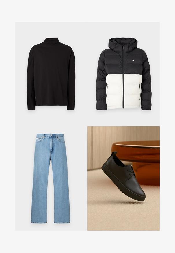 Chaqueta acolchada en blanco y negro con capucha, que cuenta con cierre de cremallera, dos bolsillos laterales con cremallera y logo en el pecho. Diseño texturizado y cálido.; Suéter de cuello vuelto negro de manga larga, elaborado con una tela suave y lisa, que tiene un corte holgado y carece de patrones o acentos visibles.; Vaqueros de mezclilla azul claro de pierna recta con diseño de cinco bolsillos y cierre de botón en la cintura, exhibidos sobre un fondo simple.; Zapatilla casual negra de cuero con cordones, flotando sobre una alfombra beige, con una mesa de cristal ámbar redondeada en el fondo.