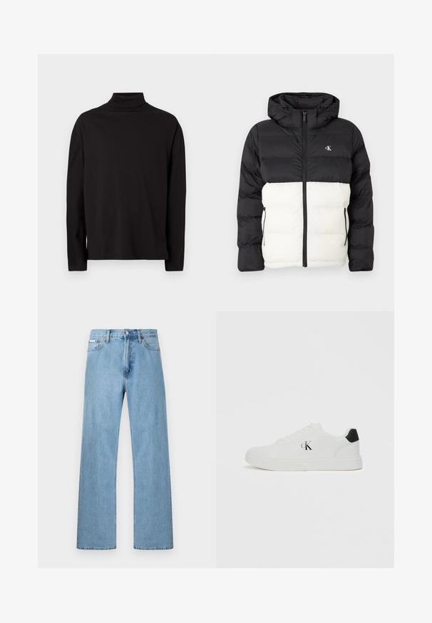 Zwart-witte gewatteerde jas met capuchon, voorzien van een ritssluiting, twee zijzakken met rits en een logo op de borst. Gestructureerd, warm ontwerp.; Zwarte turtleneck met lange mouwen, gemaakt van een zachte, gladde stof met een comfortabele pasvorm en zonder zichtbare patronen of accenten.; Lichtblauwe denim jeans met rechte pijpen, ontworpen met vijf zakken en een knoopsluiting bij de taille, weergegeven tegen een effen achtergrond.; Witte sneaker met een glad leren bovenwerk, ronde neus, zwart hielaccent en 'CK' logo aan de zijkant. Voorzien van een vetersluiting en platte zool.