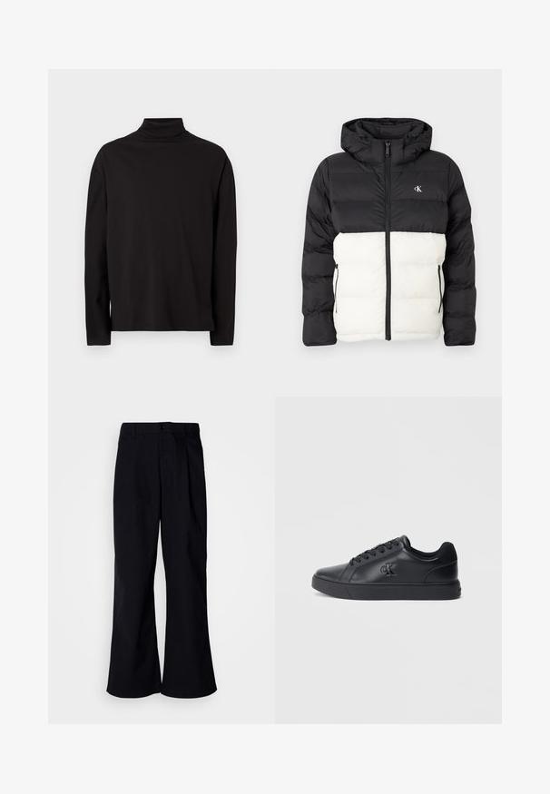 Veste matelassée noire et blanche avec capuche, dotée d'une fermeture éclair, de deux poches latérales zippées et d'un logo sur la poitrine. Design texturé et chaud.; Haut à col roulé noir à manches longues en tissu doux et lisse, avec une coupe décontractée et sans motifs ni accents visibles.; Pantalons larges noirs en coton avec un pli à l'avant, présentant une fermeture à bouton et des passants de ceinture, texture lisse et sans motifs visibles.; Baskets en cuir noir avec un design à lacets, semelle en caoutchouc et logo embossé sur le côté, présentant une texture lisse et un style minimaliste.
