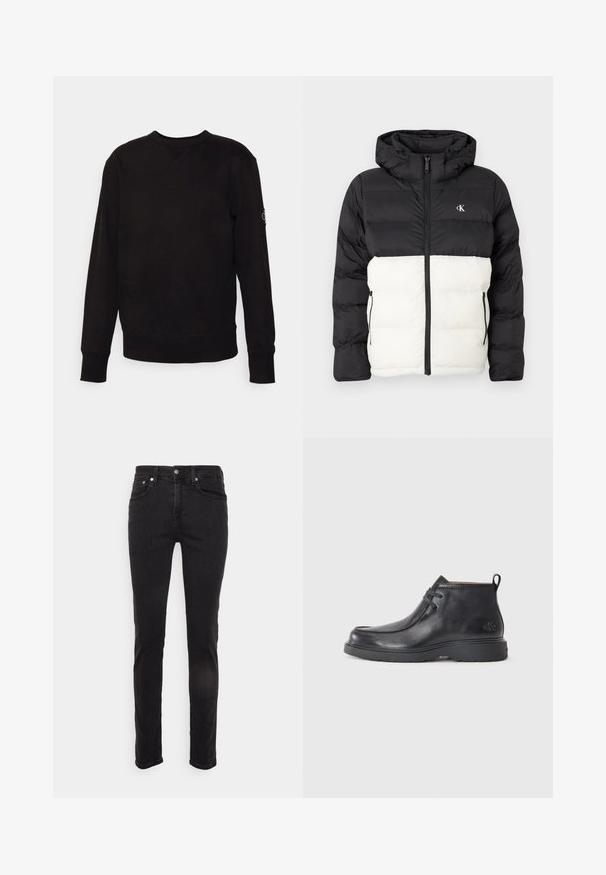 Chaqueta acolchada en blanco y negro con capucha, que cuenta con cierre de cremallera, dos bolsillos laterales con cremallera y logo en el pecho. Diseño texturizado y cálido.; Sudadera negra de manga larga con cuello redondo, puños y bajo acanalados, pequeño detalle cosido en el escote y una parche en la manga izquierda.; Vaqueros ajustados negros de denim con bolsillos delanteros, trabillas para el cinturón y cierre de botón mostrados sobre un fondo claro y liso.; Botas de cuero negras hasta el tobillo con punta redondeada, diseño con cordones y una lengüeta en la parte trasera. Parte superior texturizada y suela de goma.