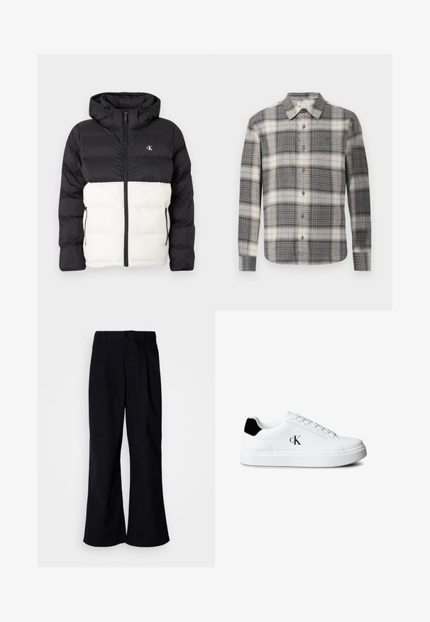 Veste matelassée noire et blanche avec capuche, dotée d'une fermeture éclair, de deux poches latérales zippées et d'un logo sur la poitrine. Design texturé et chaud.; Chemise à manches longues à carreaux noir et crème. Dotée d'un devant à boutons, d'un col classique et d'un motif à carreaux varié. Texture de tissu douce.; Pantalons larges noirs en coton avec un pli à l'avant, présentant une fermeture à bouton et des passants de ceinture, texture lisse et sans motifs visibles.; Baskets basses blanches avec talon noir et logo « cK » sur le côté, dotées de lacets blancs et d'une semelle épaisse blanche.
