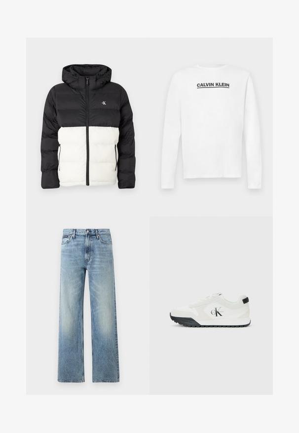 Zwart-witte gewatteerde jas met capuchon, voorzien van een ritssluiting, twee zijzakken met rits en een logo op de borst. Gestructureerd, warm ontwerp.; Witte lange mouwen shirt van katoen, met een zwart "CALVIN KLEIN" logo over de borst en een crewneck. Soepele textuur.; Lichtblauwe denim jeans met rechte pijpen, een hoge taille, vijf zakken, knoopsluiting en subtiele vervaging op de dijen en knieën.; Calvin Klein witte sneaker met zwarte zool, suede en mesh panelen, CK-logo op de zijkant en Calvin Klein branding op de hiel en zool.