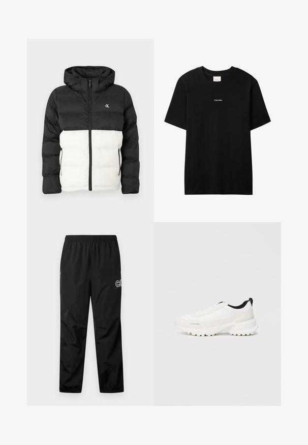 Sort og hvid polstret jakke med hætte, der har lynlås lukning, to sidelommer med lynlås og logo på brystet. Tekstureret, varm design.; Sort bomulds-T-shirt med rund hals og korte ærmer. Har en lille hvid "Calvin Klein"-logo på forsiden. Glat, klassisk pasform.; Sorte regnbukser lavet af letvægts, vandtæt materiale. Har en elastisk talje og logo-detalje på siden. Glat tekstur.; Hvide sportssko med en glat overdel og polstret krave, der har en distinkt struktureret sål for greb og diskret branding på siden.