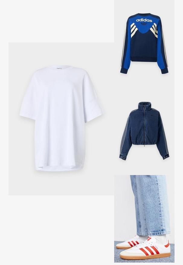 Dunkelblaue Denimjacke mit Reißverschluss, hohem Kragen, elastischem Bund, geknöpften Manschetten und drei aufgenähten Streifen an jedem Ärmel.; Marineblaue und blaue Adidas Sweatshirt mit weißen Streifen an Ärmeln und Brust, mit Adidas Logo und Trefoil-Design auf der Vorderseite.; Oversized, kurzärmliges weißes T-Shirt aus Baumwolle. Runder Halsausschnitt, Seitenschlitze am Saum und glatte Textur ohne sichtbare Muster oder Akzente.; Weiße Leder Sneaker mit roten Streifen und Akzenten. Verfügt über eine strukturierte Gummi-Laufsohle und einen gepolsterten Schaft. Tragen mit hellblauer Jeans.