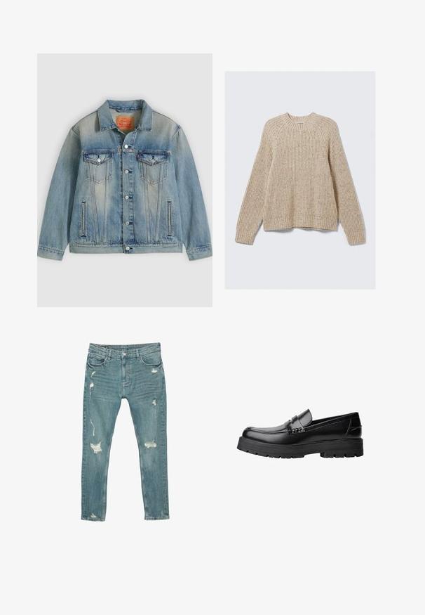 Lyseblå denimjakke med knaplukning foran, to brystlommer med klap og sidelommer med slidser, med falmet vask og klassisk krave.; Beige ribbet sweater med rund halsudskæring og lange ærmer. Lavet af tekstureret materiale, med en afslappet pasform og ribbede manchetter.; Lyseblå denimjeans med slim fit, slidte detaljer på forsiden af lårene og knæene, frontknap og femlomme-design.; Sort læderloafer med kraftig sål og dekorativ rem henover, vist i venstre sideprofil på hvid baggrund.