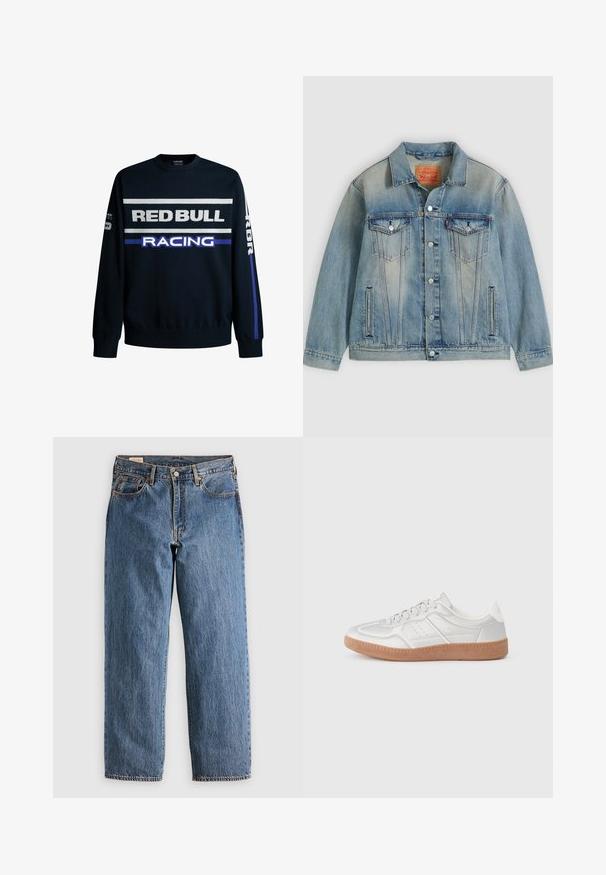Chaqueta de mezclilla azul claro con cierre de botones, dos bolsillos con solapa en el pecho y bolsillos laterales con abertura, con lavado desgastado y cuello clásico.; Sudadera azul marino con texto en blanco y morado que dice "RED BULL" y "RACING". Presenta mangas lisas y puños de canalé, fabricada en un material de tejido suave.; Jeans de mezclilla azul con un corte recto, que cuentan con una cintura alta, remaches de cobre y costuras naranjas. Incluyen bolsillos delanteros y traseros.; Zapatillas plateadas con una textura suave, diseño de cordones, acentos perforados y una suela de goma marrón texturizada.