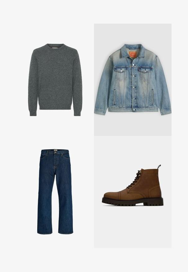 Veste en denim bleu clair avec fermeture bouton, deux poches à rabat sur la poitrine et poches latérales fendues, présentant un délavage et un col classique.; Pull gris à encolure ras du cou en tissu tricoté texturé. Il présente des manches longues et des poignets et un bas côtelés. Aucun motif ni accent distinct.; Jeans en denim bleu foncé à jambes droites, avec bouton à l'avant, fermeture éclair et design à cinq poches.; Botte de cheville en cuir marron à lacets avec semelle crantée noire épaisse et languette, sur fond blanc.