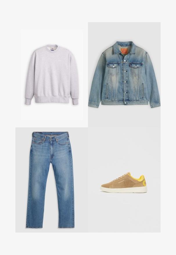 Lyseblå denimjakke med knaplukning foran, to brystlommer med klap og sidelommer med slidser, med falmet vask og klassisk krave.; Grå sweatshirts med rund halsudskæring, lange ærmer, ribbede manchetter og kant. Har et lille "Levi's" logo i lysegul på forsiden.; Blå lige ben denim jeans med frontknap og lynlås, bæltestropper og fem lomme-design på en hvid baggrund.; Suedesneakers i lys brun med en gul hældetalje, hvid gummisål og beige snørebånd. Logo på siden, struktureret overflade.