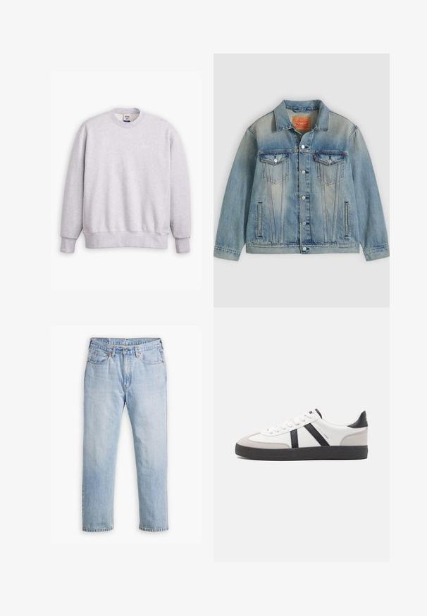 Lyseblå denimjakke med knaplukning foran, to brystlommer med klap og sidelommer med slidser, med falmet vask og klassisk krave.; Grå sweatshirts med rund halsudskæring, lange ærmer, ribbede manchetter og kant. Har et lille "Levi's" logo i lysegul på forsiden.; Lysblå denimjeans med lige bendesign, fem lomme stil og kontrastsyet. Knap- og lynlåslukning i taljen.; Hvide sneakers med sorte og grå detaljer, med en tekstureret grå tåhætte, sort gummisål og flade hvide snørebånd. Rent design, minimalistisk stil.