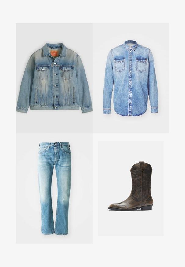 Lyseblå denimjakke med knaplukning foran, to brystlommer med klap og sidelommer med slidser, med falmet vask og klassisk krave.; Lysblå denimskjorte med lange ærmer, knap-ned krave, to brystlommer og kontrastsyetning. Rundet kant og klassisk pasform.; Lysblå denim jeans med lige pasform, der har fem lommer og slidte detaljer, afsluttet med en klassisk lynlås og knaplukning.; Brune læder cowboystøvle med en høj skaft, spids tå, intrikate syning mønstre og en lille hæl. Struktureret finish hele vejen igennem.