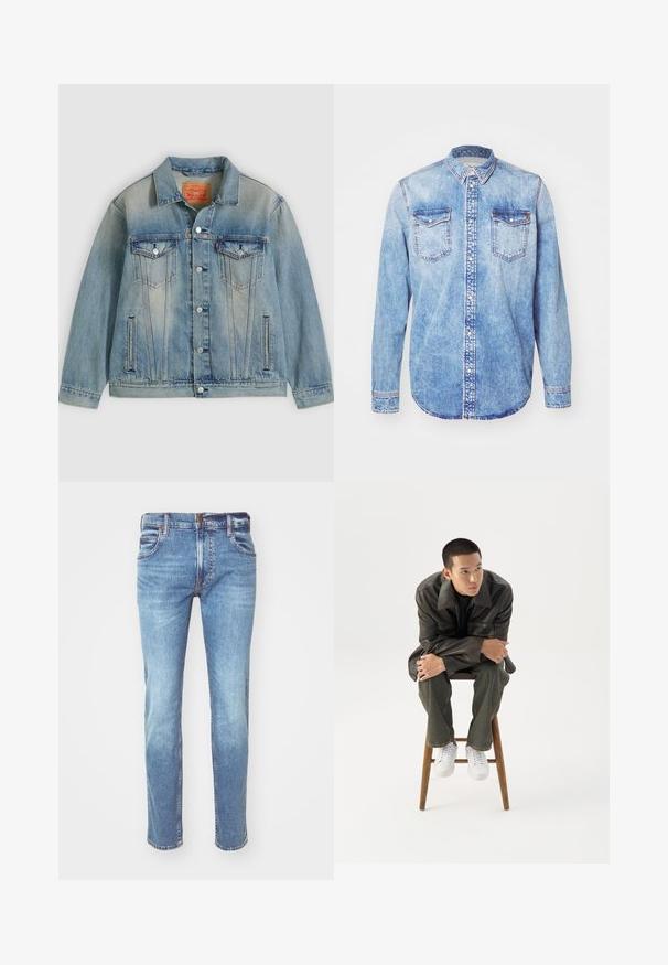 Chaqueta de mezclilla azul claro con cierre de botones, dos bolsillos con solapa en el pecho y bolsillos laterales con abertura, con lavado desgastado y cuello clásico.; Camisa de mezclilla azul claro con mangas largas, cuello abotonado, dos bolsillos en el pecho y costuras en contraste. Dobladillo redondeado y corte clásico.; Jeans de mezclilla azul claro con corte recto, diseño de cinco bolsillos y costuras en contraste, exhibiendo un acabado desgastado y un corte clásico.; Joven con chaqueta de cuero oscura y vaqueros sentado en un taburete de madera, inclinado hacia adelante con los brazos cruzados, mirando hacia un lado contra un fondo blanco.