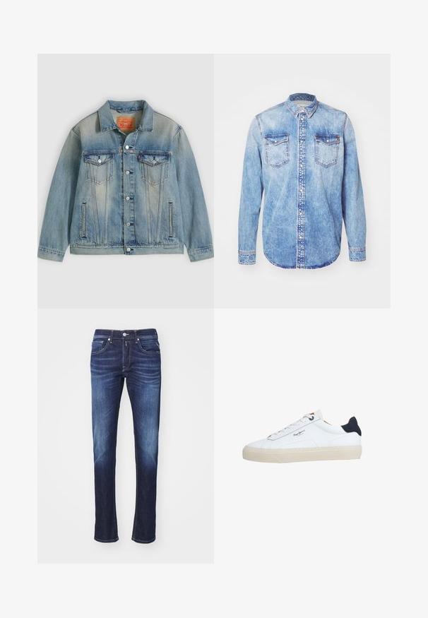 Hellblaue Jeansjacke mit Knopfleiste, zwei Brustklappentaschen und seitlichen Einschubtaschen, ausgestattet mit verwaschenem Waschungseffekt und klassischem Kragen.; Hellblaues Denimhemd mit langen Ärmeln, Button-Down-Kragen, zwei Brusttaschen und kontrastierenden Nähten. Abgerundeter Saum und klassische Passform.; Dunkelblaue Jeans aus Denim mit geradem Schnitt, ausgestattet mit fünf Taschen, einem Knopfverschluss und sanften Verwaschungen entlang der Oberschenkel.; Weißer Sneaker in niedriger Schnittform mit beiger Sohle, weißen Schnürsenkeln, schwarzem Fersenlasche und dem "Pepe Jeans London"-Logo an der Seite.