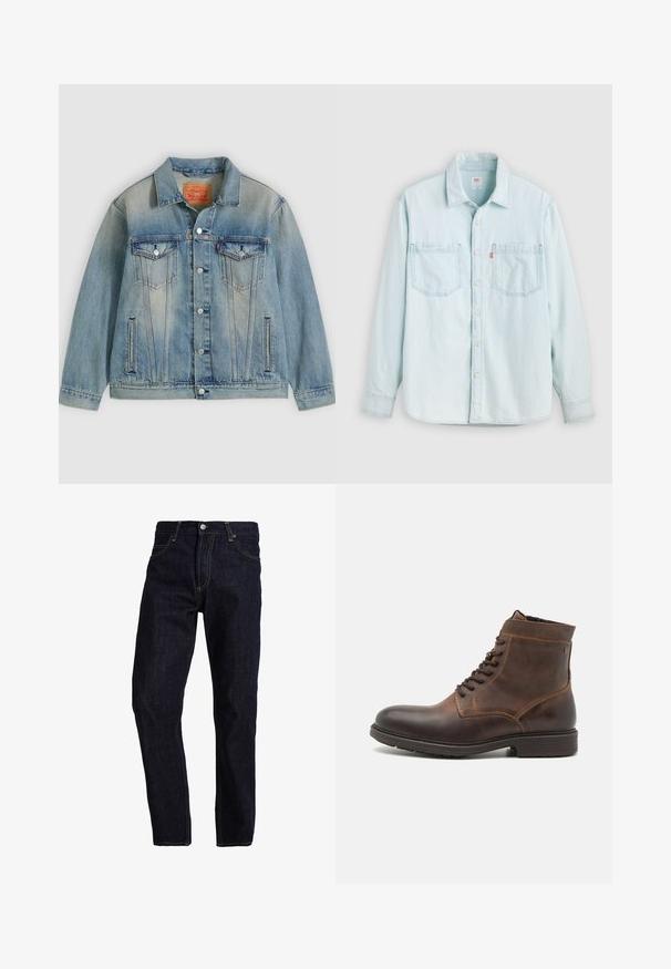 Lyseblå denimjakke med knaplukning foran, to brystlommer med klap og sidelommer med slidser, med falmet vask og klassisk krave.; Lyseblå denimskjorte med lange ærmer, knaplukning foran, to brystlommer og krave, vist mod en ensfarvet lys baggrund.; Mørkeblå denim jeans med lige pasform, med gul syning, fem lommer og en klassisk knap- og lynlås lukning.; Jack & Jones JFWDELANEY BOOT - Snørestøvletter - cognac