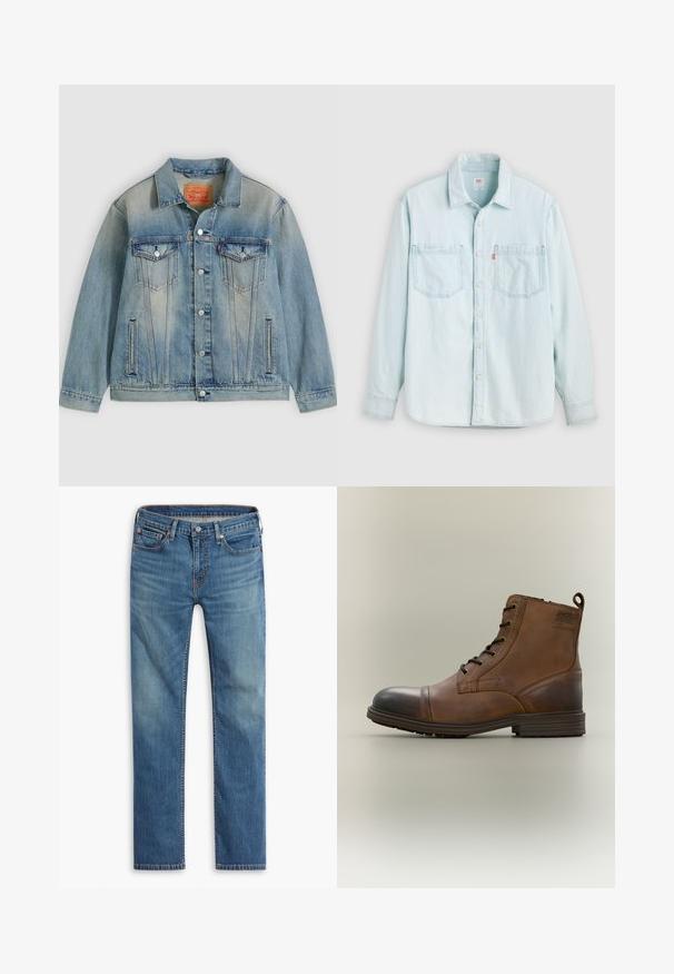Hellblaue Jeansjacke mit Knopfleiste, zwei Brustklappentaschen und seitlichen Einschubtaschen, ausgestattet mit verwaschenem Waschungseffekt und klassischem Kragen.; Hellblaues Denim-Langarmhemd mit Knopfleiste vorne, zwei Brusttaschen und Kragen, vor einem einfarbigen hellen Hintergrund gezeigt.; Blaue gerade geschnittene Jeans mit Knopf- und Reißverschluss vorne, Fünf-Taschen-Design und dezenten Ausbleichungen an Oberschenkeln und Knien.; Brauner Leder-Schnürstiefel bis zum Knöchel mit schwarzer Zehenkappe, runder Sohle und Markenlabel an der Seite vor schlichtem Hintergrund.
