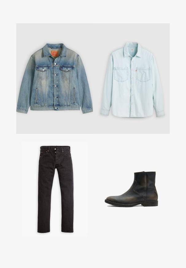 Hellblaue Jeansjacke mit Knopfleiste, zwei Brustklappentaschen und seitlichen Einschubtaschen, ausgestattet mit verwaschenem Waschungseffekt und klassischem Kragen.; Hellblaues Denim-Langarmhemd mit Knopfleiste vorne, zwei Brusttaschen und Kragen, vor einem einfarbigen hellen Hintergrund gezeigt.; Schwarze Slim-Fit-Jeans mit Knopfverschluss, fünf Taschen und kupferfarbenen Nieten flach auf einem weißen Hintergrund ausgelegt.; AllSaints LANG - Stiefelette - brown