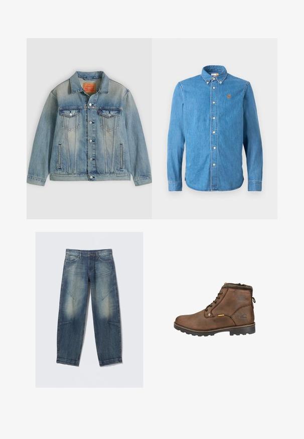 Lyseblå denimjakke med knaplukning foran, to brystlommer med klap og sidelommer med slidser, med falmet vask og klassisk krave.; Lysblå denimskjorte med lange ærmer, knap-ned krave og hvide knapper. Har et lille, orange trælogo på venstre bryst.; Lyseblå denimjeans med løs pasform, med falmede pletter, frontlommer og diagonale sømdetaljer. Design med lige ben.; Brune læder ankelstøvle med afrundet tå, snørebåndsdesign, polstret krave og tekstureret gummisål. Har logo og metal-accenter.