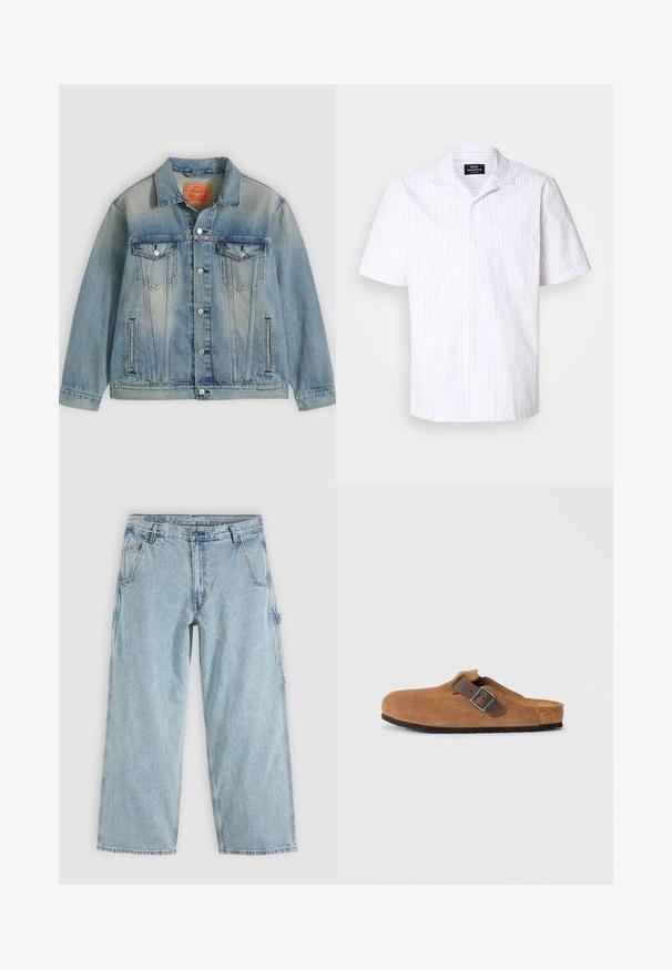 Lyseblå denimjakke med knaplukning foran, to brystlommer med klap og sidelommer med slidser, med falmet vask og klassisk krave.; Kortærmet skjorte i hvid med lyseblå lodrette striber, med en spids krave og en enkel brystlomme.; Lyseblå straight-leg denim jeans med forlommer, bæltestropper, knaplukning og en sidelomme til værktøj.; Brune ruskindsklogs med en justerbar brun læderrem og sølv spænde, der har en formet korkfodbed og en tekstureret gummi sål.