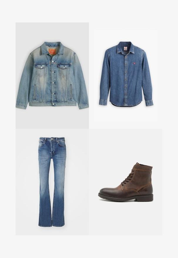 Lichtblauwe spijkerjasje met knopen aan de voorkant, twee borstflappzakken en zijzakken met split, voorzien van een vervaagde wassing en een klassieke kraag.; Donkerblauw denim shirt met een button-down kraag, lange mouwen, gestikte accenten en een klein rood logo op de borstzak.; Verstekte blauwe denim jeans met een gemiddelde wassing, vijf zakken en een knoopsluiting. Bevat een vervaagd textuur en lichte slijtplekken.; Jack & Jones JFWDELANEY BOOT - Veterboots - cognac