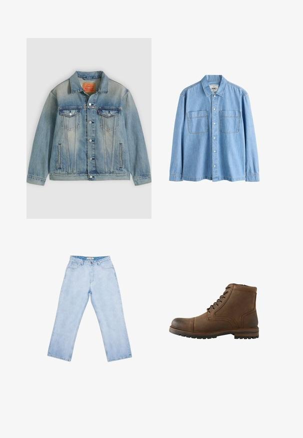 Lichtblauwe spijkerjasje met knopen aan de voorkant, twee borstflappzakken en zijzakken met split, voorzien van een vervaagde wassing en een klassieke kraag.; Lichtblauw denim overhemd met lange mouwen, knoopsluiting aan de voorkant en twee borstzakken, weergegeven op een witte achtergrond.; Lichtblauwe high-waist jeans met rechte pijpen, voorzakken, riemlussen, knoopsluiting en een gebrand binnenlabel aan de tailleband.; Bruine leren enkellaars met veters aan de voorkant en een robuuste zool, ontworpen voor casual of buitengebruik.