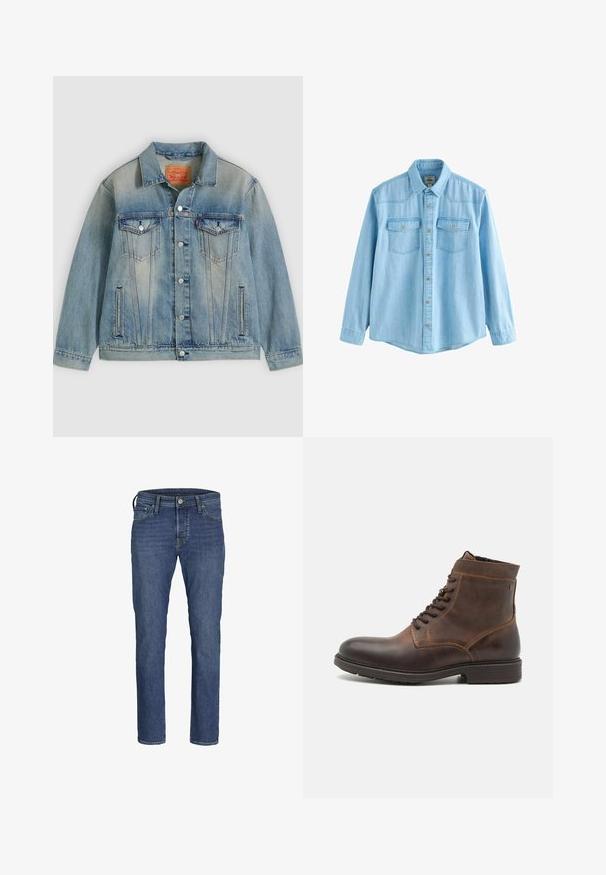 Hellblaue Jeansjacke mit Knopfleiste, zwei Brustklappentaschen und seitlichen Einschubtaschen, ausgestattet mit verwaschenem Waschungseffekt und klassischem Kragen.; Hellblaues langärmeliges Jeanshemd mit Knopfleiste vorne und zwei Brusttaschen mit Knopflaschenklappen.; Herren Jeans aus blauem Denim mit geradem Bein, fünf Taschen und klassischem Knopf- und Reißverschluss.; Jack & Jones JFWDELANEY BOOT - Schnürstiefelette - cognac