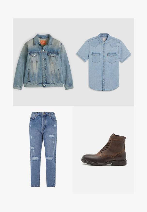 Chaqueta de mezclilla azul claro con cierre de botones, dos bolsillos con solapa en el pecho y bolsillos laterales con abertura, con lavado desgastado y cuello clásico.; Camisa vaquera azul claro de manga corta con canesú puntiagudo, dos bolsillos en el pecho y botones de presión de perla. Textura suave y ajuste casual.; Vaqueros de mezclilla de color azul claro con una cintura alta, pierna recta y un diseño desgastado que presenta desgarros y bordes deshilachados en toda la prenda.; Jack & Jones JFWDELANEY BOOT - Botines con cordones - cognac