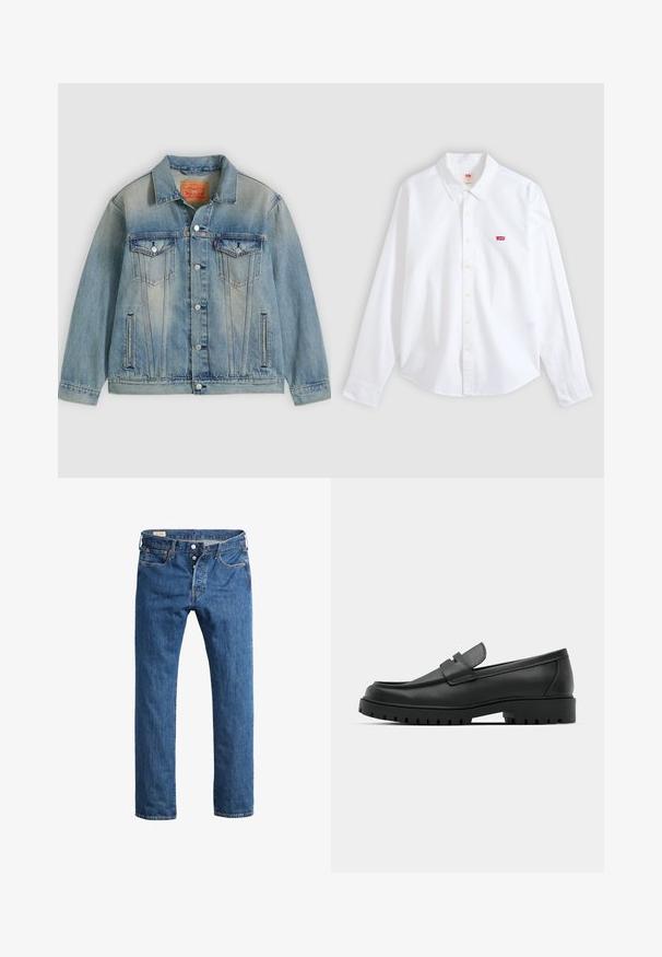 Veste en denim bleu clair avec fermeture bouton, deux poches à rabat sur la poitrine et poches latérales fendues, présentant un délavage et un col classique.; Chemise blanche à manches longues, boutonnée, avec col et petit logo rouge Levi's sur le côté gauche de la poitrine sur un fond neutre.; Jean en denim bleu avec une coupe droite, dotés d'une fermeture à bouton à l'avant, de passants de ceinture et d'un style classique à cinq poches.; Mocassins en cuir noir à bout arrondi, avec un design cousu, une semelle plateforme basse et une semelle en caoutchouc texturée et crantée.
