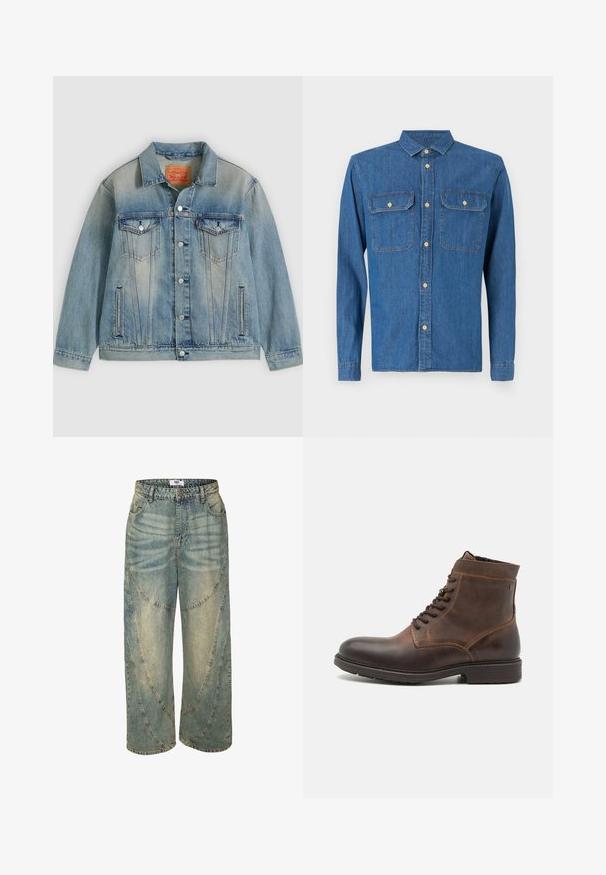 Veste en denim bleu clair avec fermeture bouton, deux poches à rabat sur la poitrine et poches latérales fendues, présentant un délavage et un col classique.; Chemise en denim bleu foncé, à manches longues avec des poignets à boutons, col pointu, deux poches poitrine et fermeture à boutons à l'avant avec quincaillerie dorée.; Jean large bleu clair avec une taille haute, présentant des détails de coutures courbes et des ourlets terminés. Fabriqué en denim avec des zones délavées.; Jack & Jones JFWDELANEY BOOT - Bottines à lacets - cognac