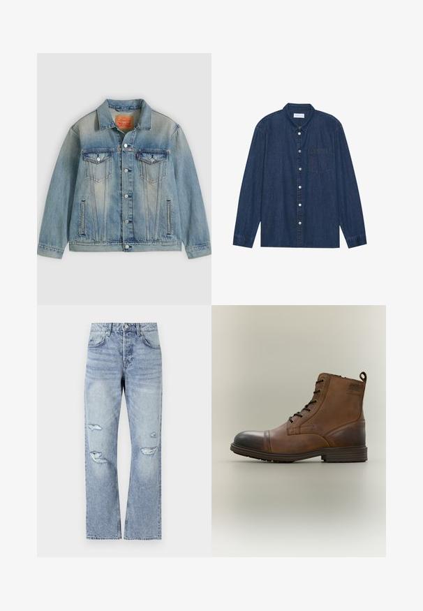 Veste en denim bleu clair avec fermeture bouton, deux poches à rabat sur la poitrine et poches latérales fendues, présentant un délavage et un col classique.; Chemise en denim bleu foncé à manches longues, avec un devant boutonné, un col et une poche poitrine. Comprend des accents en boutons argentés.; Jean en denim bleu clair avec une coupe droite, présentant des déchirures usées au niveau des genoux et un style classique à cinq poches.; Botte cheville en cuir marron à lacets avec bout noir, semelle ronde et détail de marque sur le côté sur fond uni.
