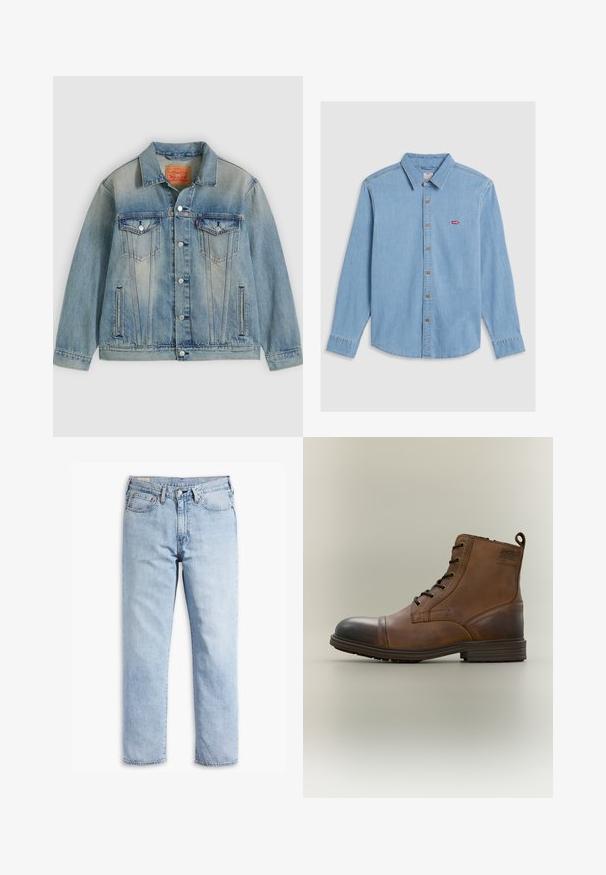Lichtblauwe spijkerjasje met knopen aan de voorkant, twee borstflappzakken en zijzakken met split, voorzien van een vervaagde wassing en een klassieke kraag.; Lichtblauwe denim shirt met lange mouwen, knoopsluiting aan de voorkant en een puntige kraag. Bevat bruine knopen en een kleine rode logopatch.; Lichtblauwe denim jeans met een rechte pijpdesign, vijfzakkenstijl en stevige stiksel-details. Voorzien van een rits en metalen knop.; Bruine leren enkellaars met veters, zwarte neuskap, ronde zool en merkdetail aan de zijkant tegen een effen achtergrond.