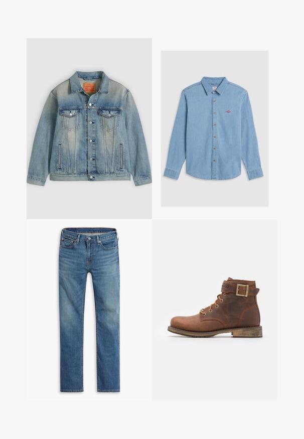 Hellblaue Jeansjacke mit Knopfleiste, zwei Brustklappentaschen und seitlichen Einschubtaschen, ausgestattet mit verwaschenem Waschungseffekt und klassischem Kragen.; Hellblaues Denim-Shirt mit langen Ärmeln, Knopfleiste und spitzem Kragen. Verfügt über braune Knöpfe und ein kleines rotes Logo-Patch.; Blaue gerade geschnittene Jeans mit Knopf- und Reißverschluss vorne, Fünf-Taschen-Design und dezenten Ausbleichungen an Oberschenkeln und Knien.; Harley Davidson VNTGMOTO SHORT RIDING APPROVED - Cowboy-/Bikerstiefelette - brown