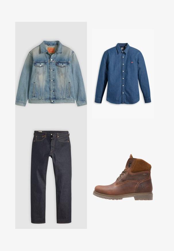 Veste en denim bleu clair avec fermeture bouton, deux poches à rabat sur la poitrine et poches latérales fendues, présentant un délavage et un col classique.; Chemise en denim bleu foncé à manches longues, avec col et fermeture à boutons. Présente un petit logo rouge Levi's sur la poitrine. Texture lisse.; Jean en denim bleu foncé à coupe droite, avec des coutures orange et un style classique à cinq poches. Fermeture par bouton et braguette à glissière.; Bottines en cuir marron avec des accents en daim, bout rond, fermeture à lacets, semelle robuste et détail de logo embossé sur le côté.