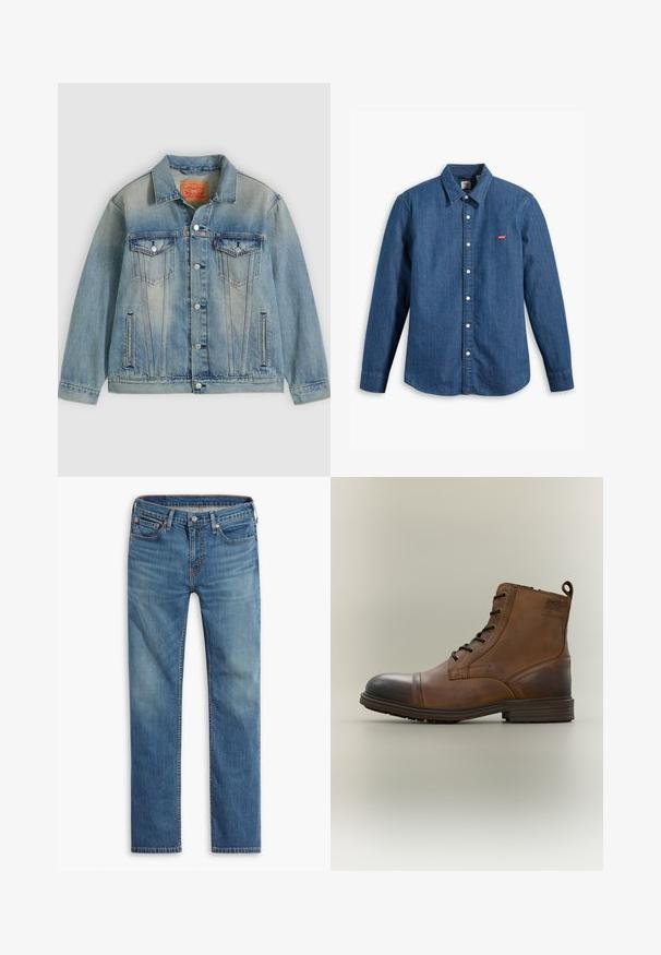 Veste en denim bleu clair avec fermeture bouton, deux poches à rabat sur la poitrine et poches latérales fendues, présentant un délavage et un col classique.; Chemise en denim bleu foncé à manches longues, avec col et fermeture à boutons. Présente un petit logo rouge Levi's sur la poitrine. Texture lisse.; Jeans en denim bleu à jambe droite avec fermeture à bouton et à zipper à l'avant, design à cinq poches et décoloration subtile sur les cuisses et les genoux.; Botte cheville en cuir marron à lacets avec bout noir, semelle ronde et détail de marque sur le côté sur fond uni.
