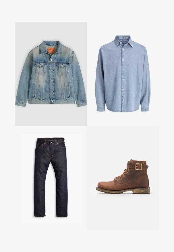Lichtblauwe spijkerjasje met knopen aan de voorkant, twee borstflappzakken en zijzakken met split, voorzien van een vervaagde wassing en een klassieke kraag.; Lichtblauwe denim lange mouw knoophemd met kraag en witte knopen, weergegeven tegen een effen witte achtergrond.; Donkerblauwe recht gesneden denim jeans met vijf zakken en oranje contrasterende stiknaden, plat gelegd op een witte achtergrond.; Harley Davidson VNTGMOTO SHORT RIDING APPROVED - Cowboy-/Bikerlaarsjes - brown