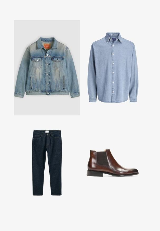Lyseblå denimjakke med knaplukning foran, to brystlommer med klap og sidelommer med slidser, med falmet vask og klassisk krave.; Lysblå denim skjorte med lange ærmer og knapper, med krave og hvide knapper, præsenteret mod en helt hvid baggrund.; Mørkeblå denim jeans, lige pasform, med fem lommer, knaplukning og kontraststikninger. Glat tekstur med et klassisk design.; Brun læder ankelstøvle med elastiske sidepaneler, en glat overflade, stikninger og en lav rektangulær hæl.