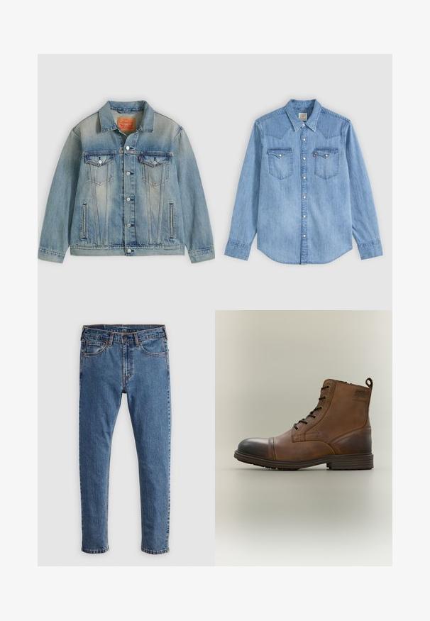 Chaqueta de mezclilla azul claro con cierre de botones, dos bolsillos con solapa en el pecho y bolsillos laterales con abertura, con lavado desgastado y cuello clásico.; Camisa vaquera azul claro de manga larga con cuello puntiagudo, dos bolsillos en el pecho con solapas y botones automáticos blancos en el frente.; Jeans de mezclilla azul con corte recto, cinco bolsillos, costuras naranjas y un cierre clásico de botón y cremallera. Textura desgastada a lo largo de las piernas.; Bota de cuero marrón con cordones hasta el tobillo, puntera negra, suela redonda y detalle de marca en el lateral sobre un fondo liso.