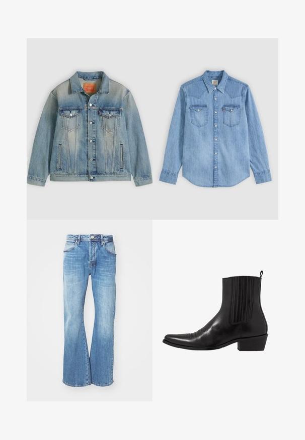 Hellblaue Jeansjacke mit Knopfleiste, zwei Brustklappentaschen und seitlichen Einschubtaschen, ausgestattet mit verwaschenem Waschungseffekt und klassischem Kragen.; Hellblaues Jeanshemd mit langen Ärmeln, spitzem Kragen, zwei Brusttaschen mit Klappen und weißen Druckknöpfen vorne.; Helleblaue Denim-Jeans mit einem ausgestellten Design, das einen klassischen Fünf-Taschen-Stil, einen Reißverschluss und kontrastierende Nähte entlang der Nähte aufweist.; Schwarze Leder- ankle boot mit spitzem Zehenbereich, elastischen Seitenpaneelen, vertikalen Steppnähten und einem niedrigen Blockabsatz.
