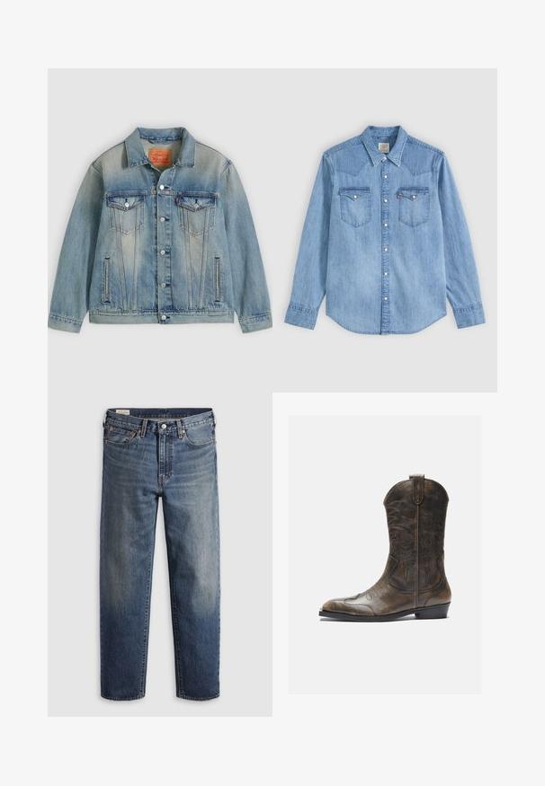 Lichtblauwe spijkerjasje met knopen aan de voorkant, twee borstflappzakken en zijzakken met split, voorzien van een vervaagde wassing en een klassieke kraag.; Lichtblauw denim overhemd met lange mouwen, puntkraag, twee borstzakken met kleppen en witte drukknoopjes aan de voorkant.; Donkerblauwe spijkerbroek van denim met een losse pasvorm, rechte pijpen, vijf steekzakken en subtiele vervaging op de dijen. Zilveren knoop en klinknagels.; Bruine leren cowboylaars met een hoge schacht, spitse neus, ingewikkelde stikpatronen en een kleine hak. Gevarieerde afwerking overal.