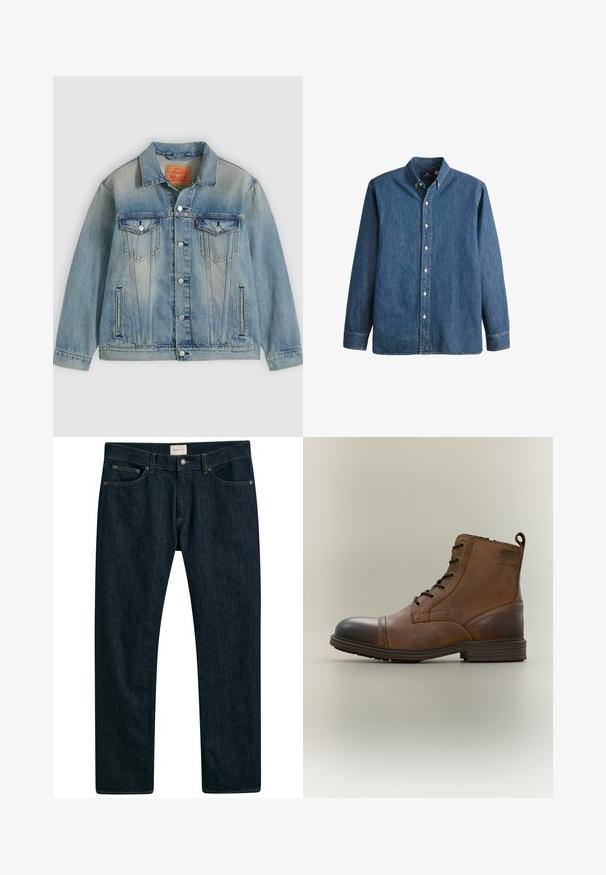 Hellblaue Jeansjacke mit Knopfleiste, zwei Brustklappentaschen und seitlichen Einschubtaschen, ausgestattet mit verwaschenem Waschungseffekt und klassischem Kragen.; Denim-Hemd in Mittelblau, mit langen Ärmeln, spitzem Kragen, weißen Knöpfen und einer taillierten Passform sowie dezentem Logostick.; Dunkelblaue Denims mit geradem Bein, fünf Taschen-Stil und Kontrastnähten an den Nähten. Glatte Stofftextur.; Brauner Leder-Schnürstiefel bis zum Knöchel mit schwarzer Zehenkappe, runder Sohle und Markenlabel an der Seite vor schlichtem Hintergrund.