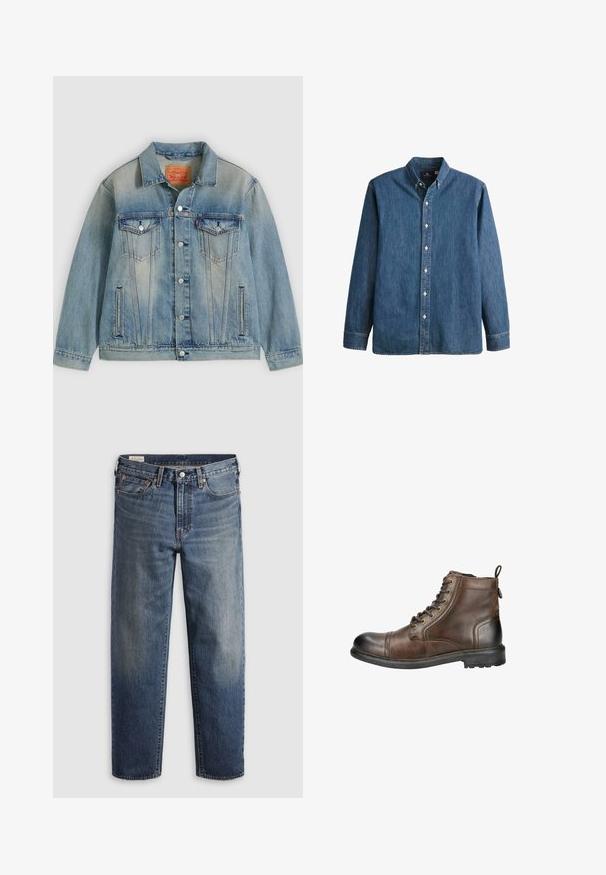 Lyseblå denimjakke med knaplukning foran, to brystlommer med klap og sidelommer med slidser, med falmet vask og klassisk krave.; Denim button-up skjorte i mellemblå, med lange ærmer, spidse kraver, hvide knapper og en tætsiddende pasform med diskret logo broderi.; Mørkeblå denimjeans med en afslappet pasform, lige ben, fem-lommer design og subtil falmen ved lårene. Sølvknap og nitter.; Brune læder ankelstøvle med rund tå, snørebånd fortil og et hævet træk ved hælen. Har en robust sål med mønster for godt fodfæste.