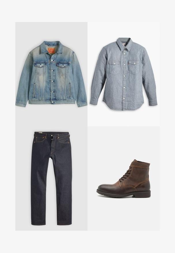Lyseblå denimjakke med knaplukning foran, to brystlommer med klap og sidelommer med slidser, med falmet vask og klassisk krave.; Blå og hvide stribede langærmede skjorte med knappelukning foran, to brystlommer, krave, blødt stof, standard pasform, klassisk design.; Mørkeblå denimjeans med lige ben, prydet med orange syninger og klassisk fem-lomme design. Lukning med knap og lynlås.; Jack & Jones JFWDELANEY BOOT - Snørestøvletter - cognac
