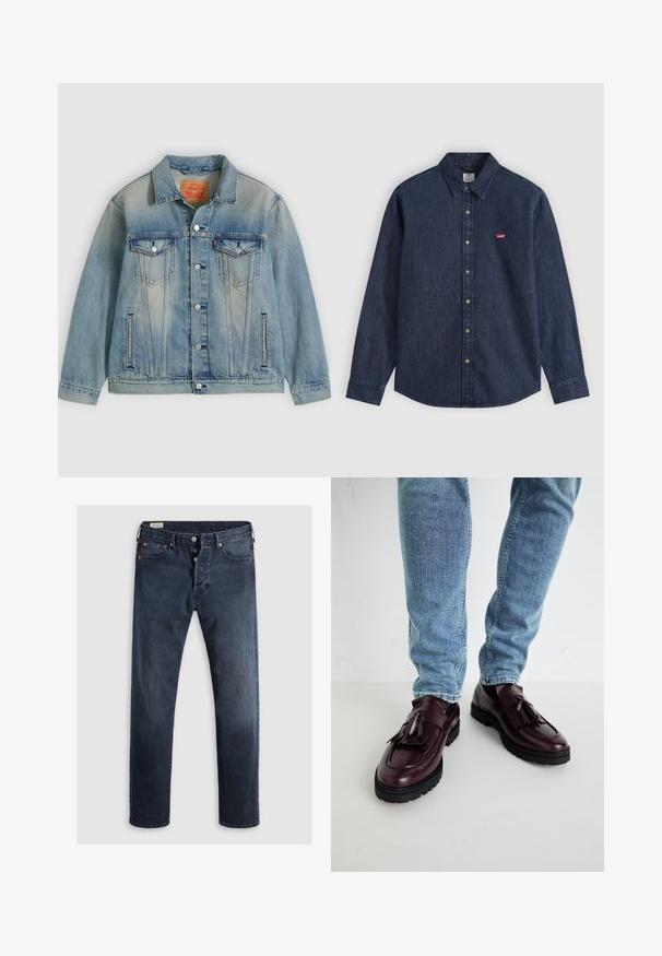 Veste en denim bleu clair avec fermeture bouton, deux poches à rabat sur la poitrine et poches latérales fendues, présentant un délavage et un col classique.; Chemise en denim bleu foncé à manches longues, boutonnée, avec col pointu et petit logo rouge Levi's sur la poitrine gauche.; Jeans en denim bleu foncé avec une coupe droite, dotés d'un zip et de boutons en métal, ainsi que d'accents de rivets en cuivre. Texture lisse, sans motifs visibles.; Mocassins en cuir bourgogne avec pompons et dessus texturé, associés à un jean en denim bleu clair. Semelle en caoutchouc noir visible.