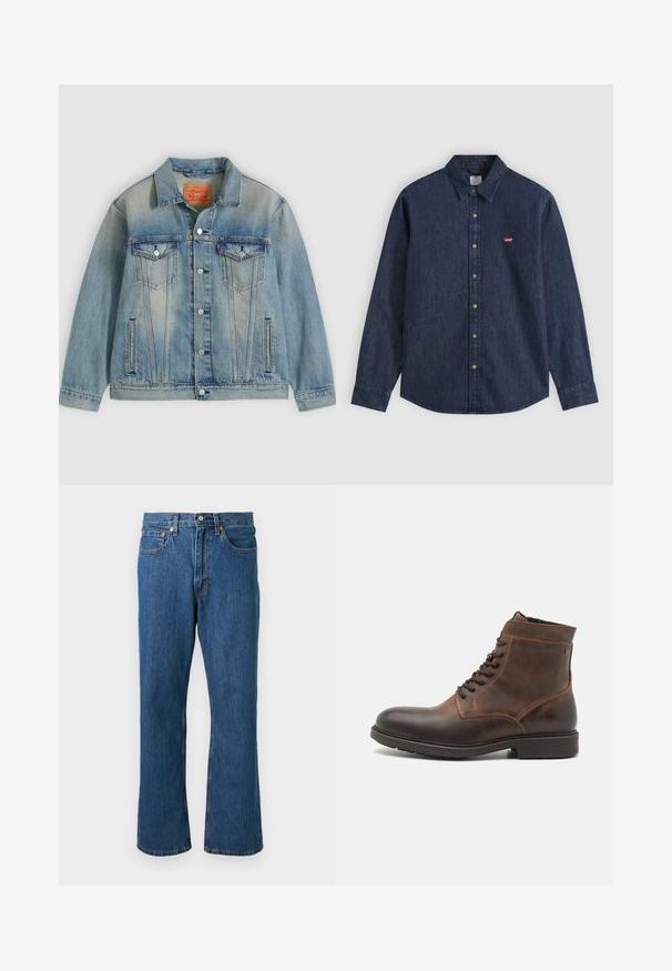 Chaqueta de mezclilla azul claro con cierre de botones, dos bolsillos con solapa en el pecho y bolsillos laterales con abertura, con lavado desgastado y cuello clásico.; Camisa vaquera azul oscuro de manga larga con botones, cuello puntiagudo y pequeño logo rojo de Levi's en el pecho izquierdo.; Vaqueros azules de corte recto con botón y cremallera delanteros, cinco bolsillos y detalles de costuras naranjas sobre un fondo liso.; Jack & Jones JFWDELANEY BOOT - Botines con cordones - Brown