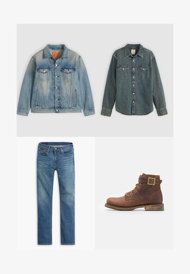 Lyseblå denimjakke med knaplukning foran, to brystlommer med klap og sidelommer med slidser, med falmet vask og klassisk krave.; Denimskjorte med lange ærmer, knaplukning foran, to brystlommer og en mørkeblå vask. Har spids krave og kontrasterende syninger.; Blå straight-leg denim jeans med frontknap og lynlåslukning, fem-lomme design og subtilt falmede områder på lår og knæ.; Harley Davidson VNTGMOTO SHORT RIDING APPROVED - Cowboy- / bikerstøvlette - brown