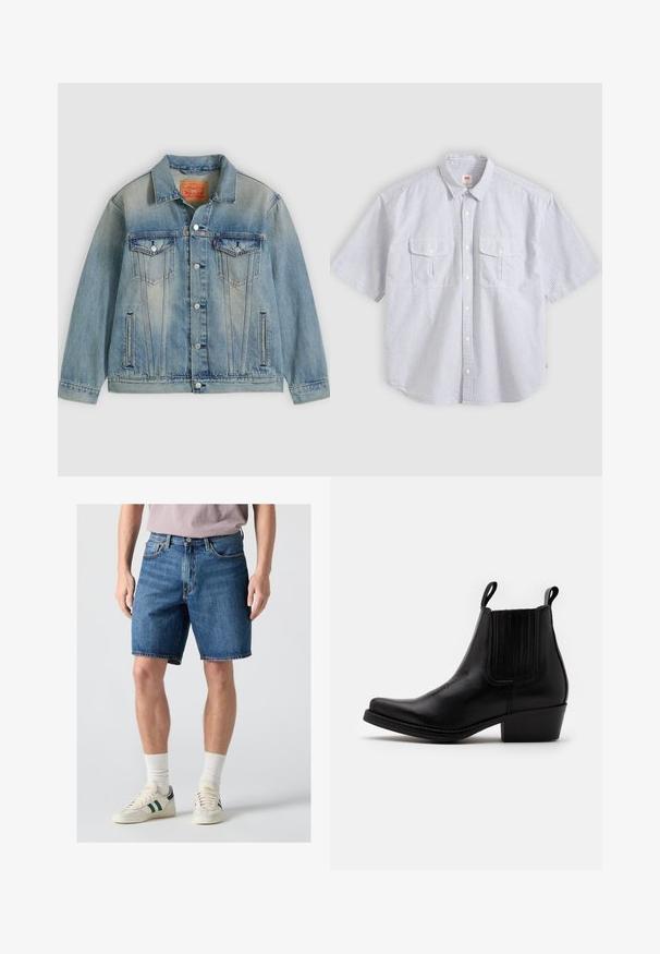 Lyseblå denimjakke med knaplukning foran, to brystlommer med klap og sidelommer med slidser, med falmet vask og klassisk krave.; Kortærmet, lysegrå og hvide lodrette stribede skjorte med knapper, to forlommer med klap og en klassisk krave.; Mand iført blå denimshorts i midterlængde, hvide sokker og hvide sneakers med mørkegrønne striber på en lys baggrund.; Kentucky's Western Cowboy- / bikerstøvlette - black