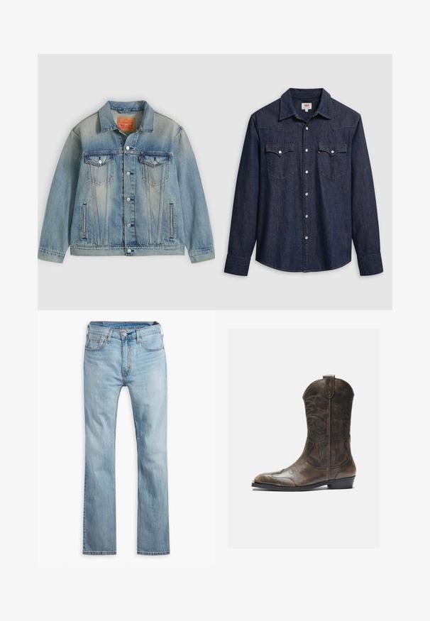 Hellblaue Jeansjacke mit Knopfleiste, zwei Brustklappentaschen und seitlichen Einschubtaschen, ausgestattet mit verwaschenem Waschungseffekt und klassischem Kragen.; Dunkelblaues Denimhemd mit spitzem Kragen, Druckknöpfen und Brusttaschen. Mit Ziernähten und langen Ärmeln versehen.; Hellblaue Jeans aus Denim, mit geradem Bein, fünf Taschen, kontrastierenden Nähten und einem Knopfverschluss am Bund.; Braune Leder-Cowboystiefel mit hohem Schaft, spitzem Zehenbereich, aufwendigen Stickmustern und kleinem Absatz. Strukturierte Oberflächenbeschaffenheit.