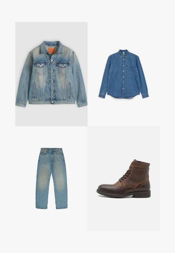 Lyseblå denimjakke med knaplukning foran, to brystlommer med klap og sidelommer med slidser, med falmet vask og klassisk krave.; Blå denim langærmet skjorte med spids krave, hvide knapper, én brystlomme og lige kant. Jævn tekstur og medium vægt.; Lyseblå lige ben jeans lavet af denim, med en falmet tekstur og en medium vask, fem lommer og lynlås.; Jack & Jones JFWDELANEY BOOT - Snørestøvletter - cognac