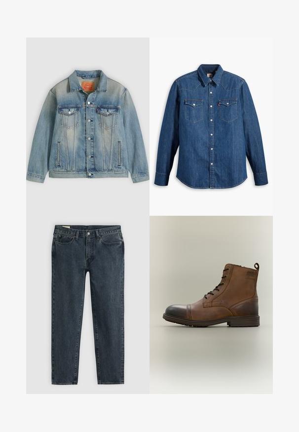 Hellblaue Jeansjacke mit Knopfleiste, zwei Brustklappentaschen und seitlichen Einschubtaschen, ausgestattet mit verwaschenem Waschungseffekt und klassischem Kragen.; Dunkelblaue Jeanshemd mit langen Ärmeln, spitzem Kragen und Druckknöpfen. Verfügt über zwei Brusttaschen mit Klappen und kontrastierenden Nähten.; Dunkelblaue Denim-Jeans mit geradem Bein, fünf Taschen und einem Knopfverschluss. Subtile Ausbleichungen verleihen dem Stoff Textur.; Brauner Leder-Schnürstiefel bis zum Knöchel mit schwarzer Zehenkappe, runder Sohle und Markenlabel an der Seite vor schlichtem Hintergrund.