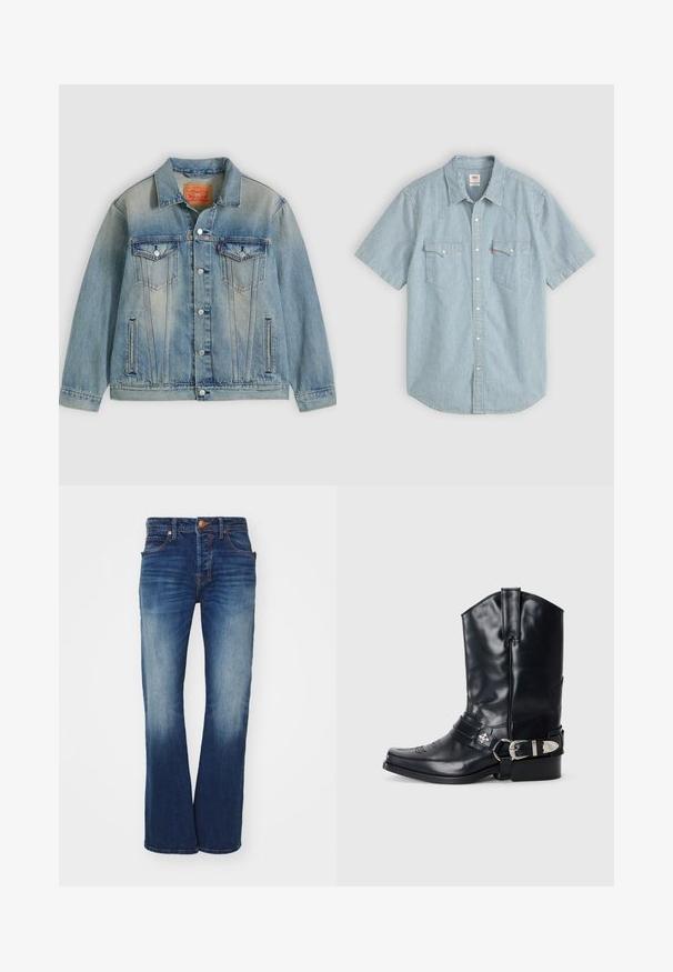 Veste en denim bleu clair avec fermeture bouton, deux poches à rabat sur la poitrine et poches latérales fendues, présentant un délavage et un col classique.; Chemise à manches courtes bleu clair à rayures blanches, dotée d'un col traditionnel, de deux poches poitrine et d'une fermeture à boutons. Matière coton.; Jean en denim bleu avec une coupe évasée, cinq poches et une fermeture à bouton en laiton. Présente un léger délavage et des coutures contrastées.; Botte de cowboy en cuir noir avec un bout pointu, une tige haute, des coutures décoratives et une quincaillerie en argent sur la sangle. Fini texturé.