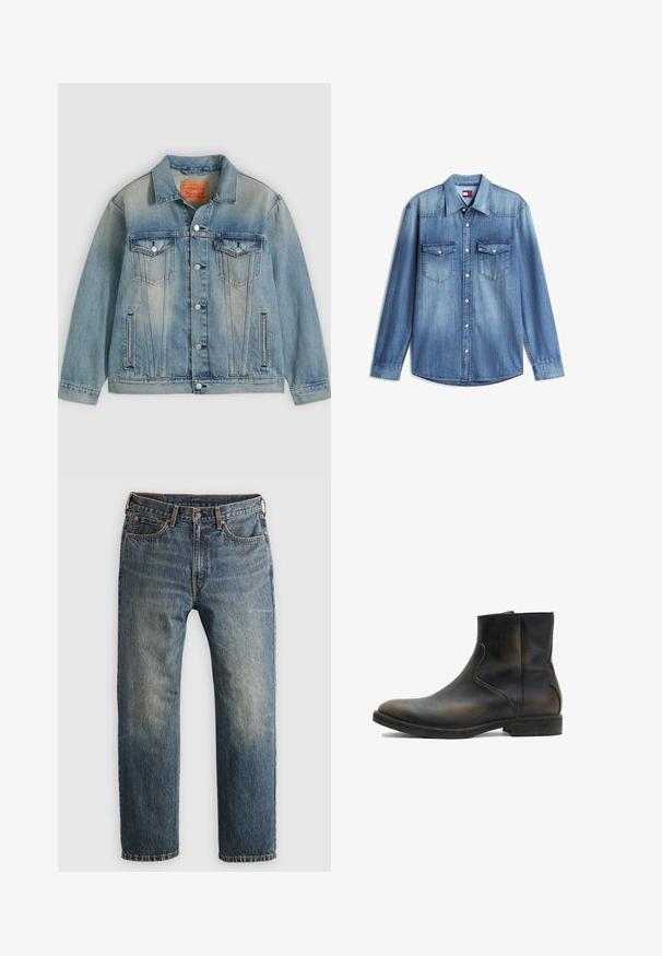 Hellblaue Jeansjacke mit Knopfleiste, zwei Brustklappentaschen und seitlichen Einschubtaschen, ausgestattet mit verwaschenem Waschungseffekt und klassischem Kragen.; Hellblaues Denim-Hemd mit langen Ärmeln, durchgehender Knopfleiste, spitzem Kragen und zwei Brusttaschen mit Knopflaschen.; Blaue, ausgebleichte gerade geschnittene Jeans aus Denim mit Fronttaschen, Gürtelschlaufen, Knopf und Reißverschluss auf einem hellen Hintergrund.; AllSaints LANG - Stiefelette - brown